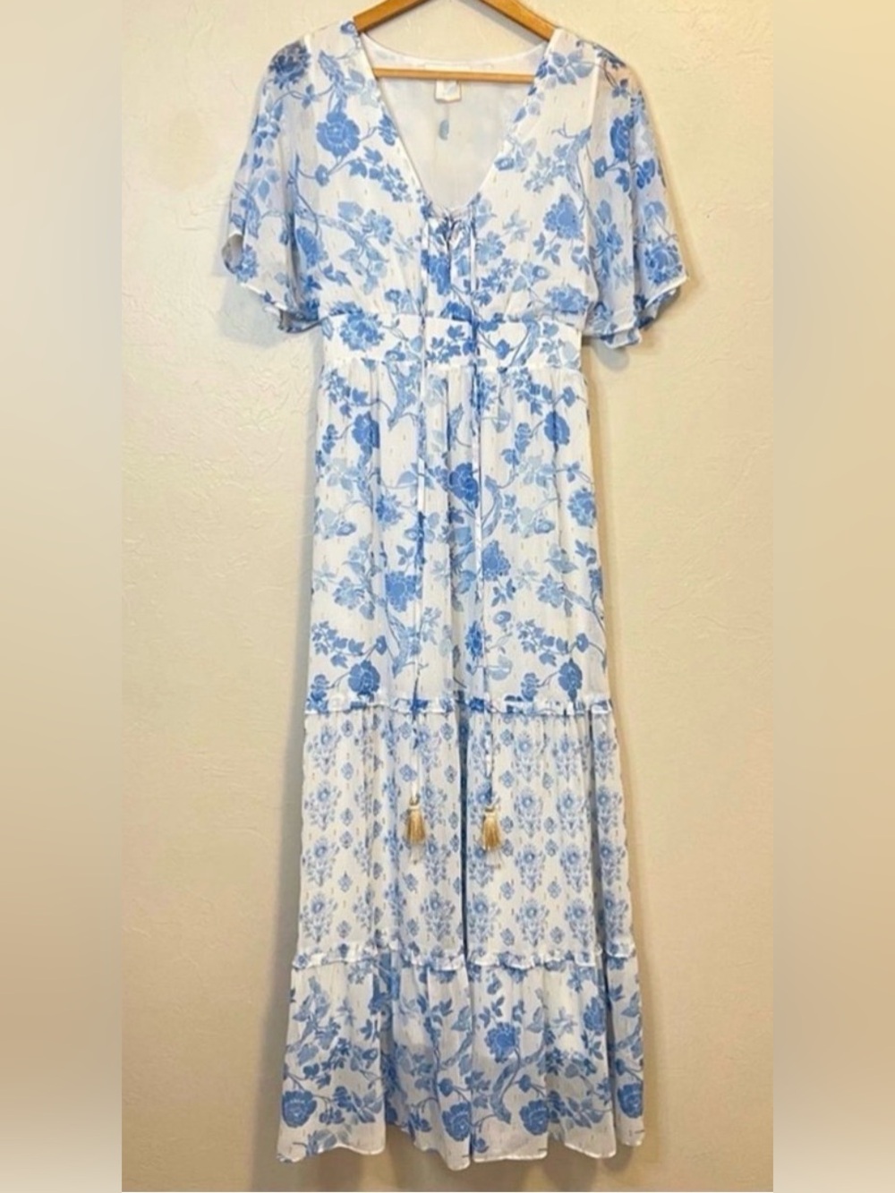 House of Harlow blue white metallic floral gold maxi dress Greece Mediterranean
